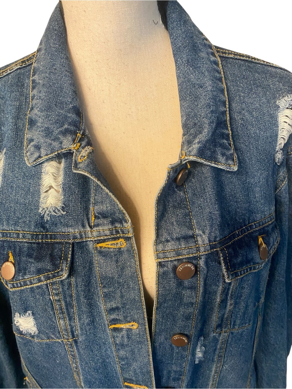 Women’s Long Denim Jacket Distressed Blue size large - Picture 13 of 13